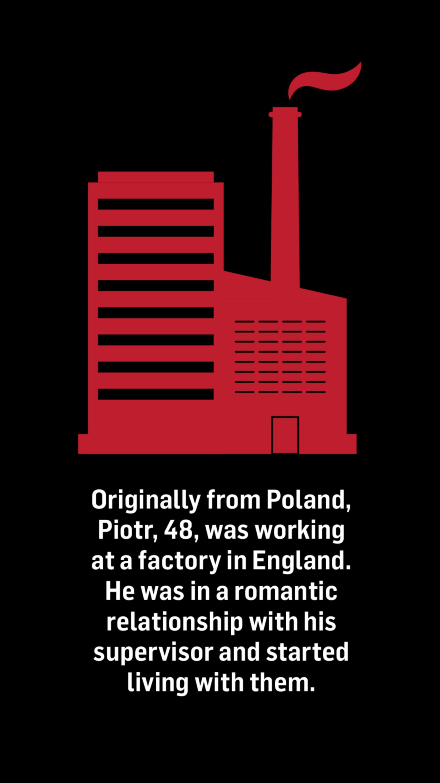 An illustration of a silhouette of a factory building. Words below the image reads: Originally from Poland, Piotr, 48, was working at a factory in England. He was in a romantic relationship with his supervisor and started living with them.