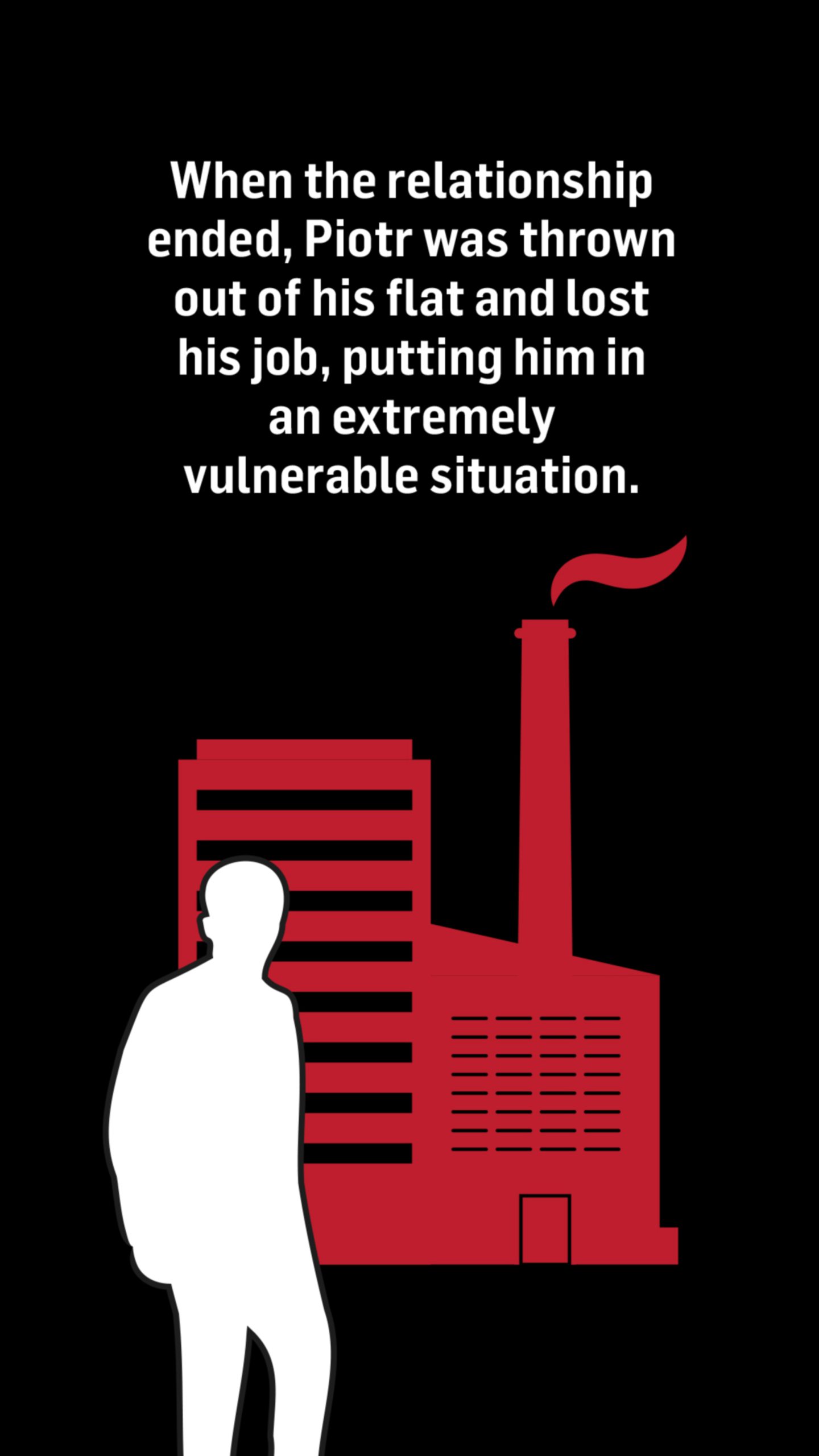An illustration of a man standing in front of a silhouette of a factory. Words above the image read: When the relationship ended, Piotr was thrown out of his flat and lost his job, putting him in an extremely vulnerable situation.