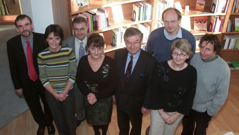 Pictured on the eve of Maggie's Dundee opening in September 2003: (from left) professor of surgery Bob Steele, centre head Mary Wells, lead cancer clinician John Dewar, fund-raiser Valerie Busher, Maggie’s Centre Dundee chairman Ian Wilson, Professor Sir David Lane, information and support specialist Karen MacKinnon and Prof Alastair Munro.
