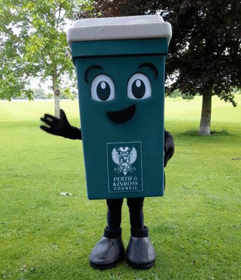 Person in grey lidden bin mascot costume