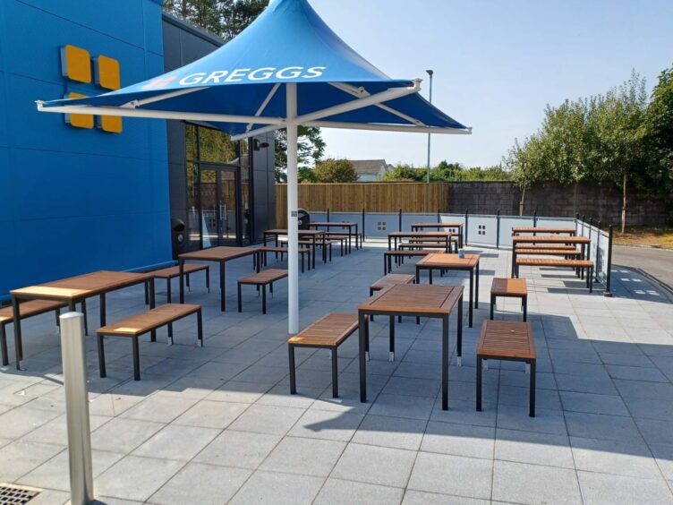 Outdoor seating area at Greggs, Stack Retail Park