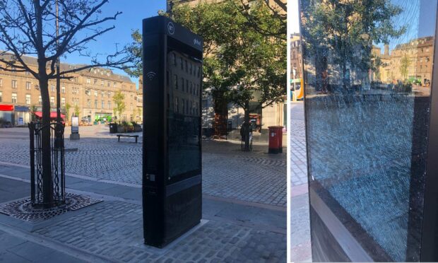 A BT Street Hub in Dundee city centre was damaged