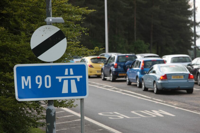 Traffic queuing at Broxden roundabout near Perth