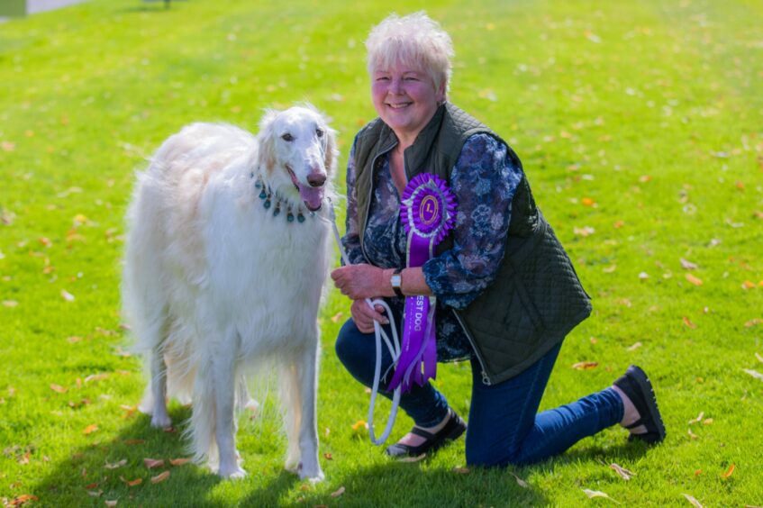 Moira Campbell kneeling beside a tall white Borzoi dog at Paws at the Palace.