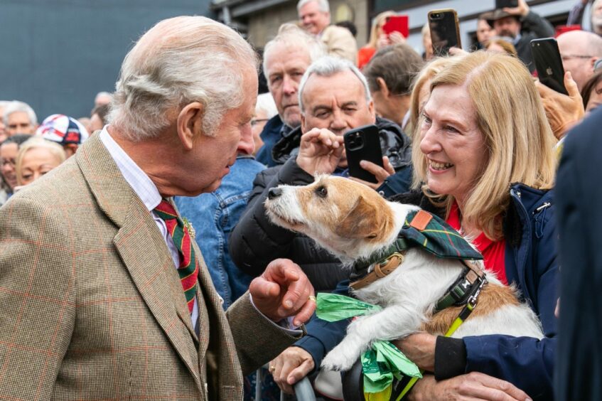 King Charles speaking to Jack Russell terrier in Kinross