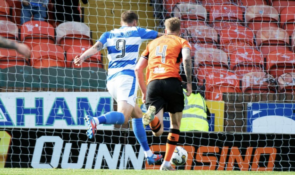 Robbie Muirhead taps into an unguarded net for Morton against Dundee United