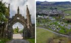Split image, showing gates of Taymouth Castle estate and aerial view of Moness resort at Aberfeldy.