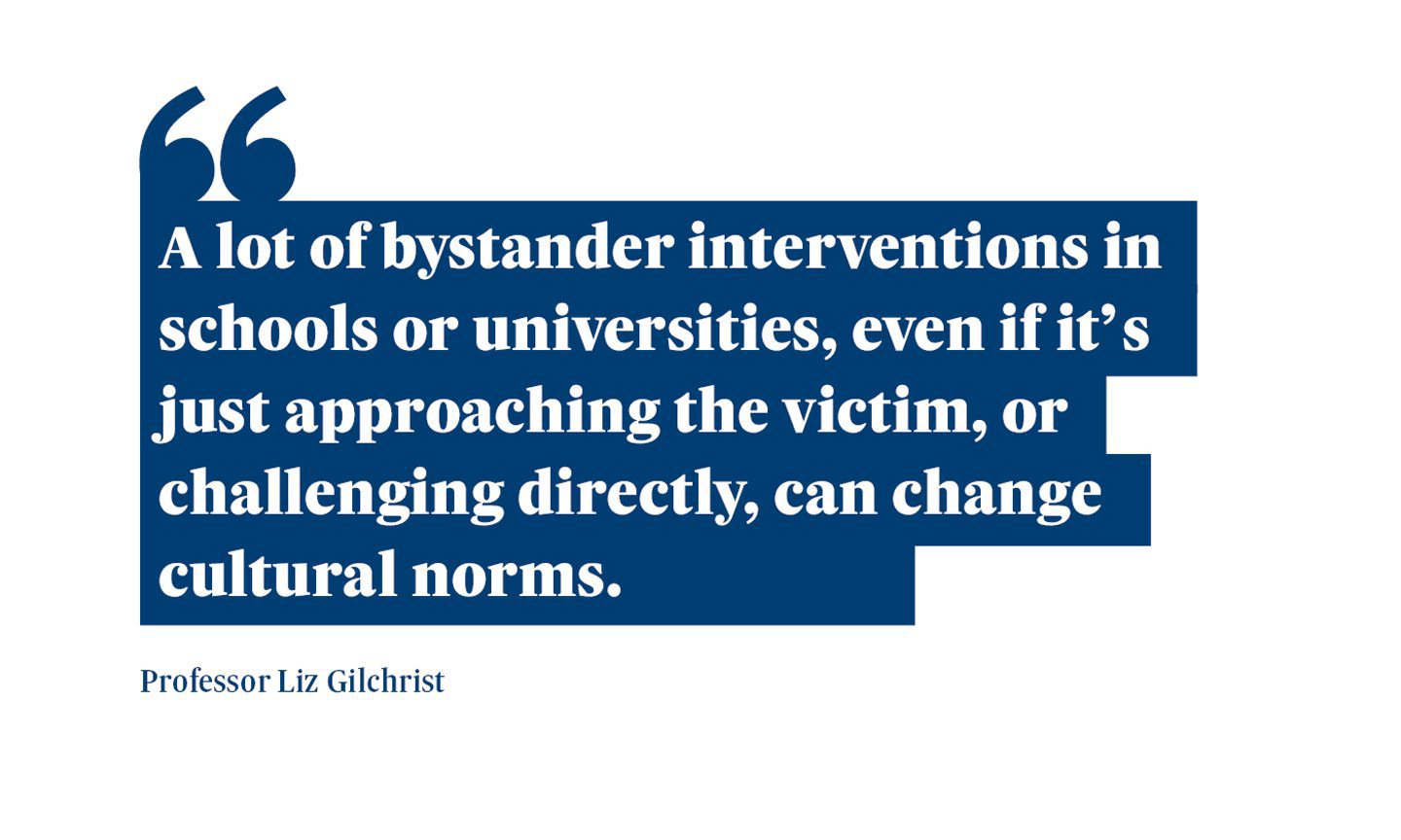 A quote from Professor Liz Gilchrist saying: “A lot of bystander interventions in schools or universities, even if it’s just approaching the victim, or challenging directly, can change cultural norms.”