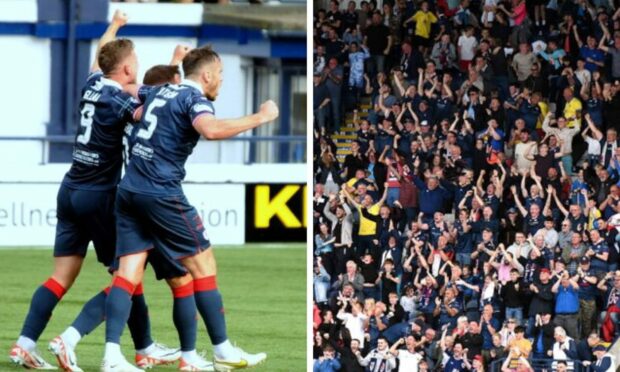 Lewis Vaughan celebrates his winning goal for Raith Rovers with Keith Watson and Jamie Gullan. Images: Raith Rovers FC/Jim Foy and Tony Fimister.