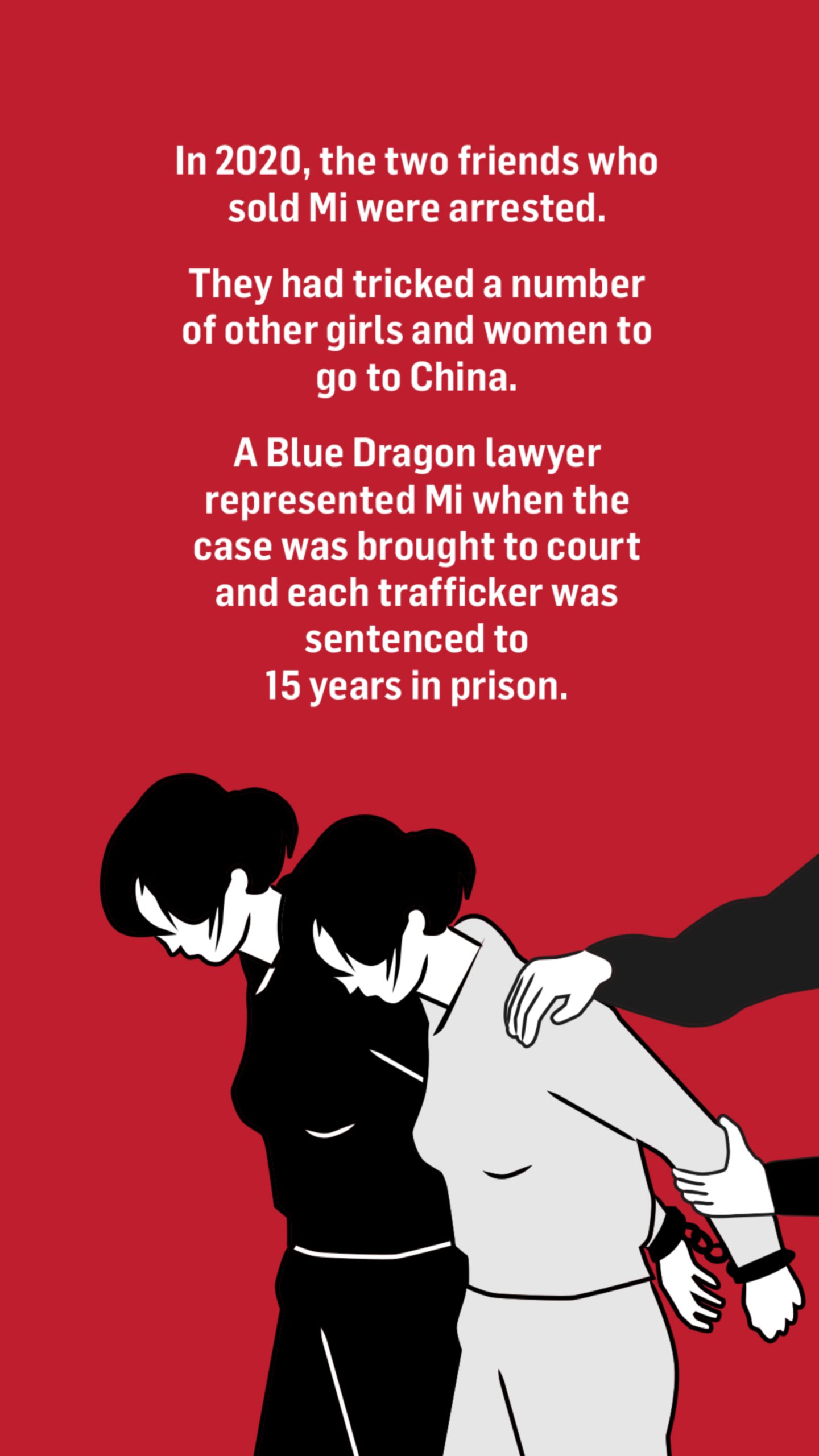 An illustration of two women being arrested. Words above the image read: In 2020, the two friends who sold Mi were arrested.

They had tricked a number of other girls and women to go to China.

A Blue Dragon lawyer represented Mi when the case was brought to court and each trafficker was sentenced to 15 years in prison.