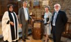Sir Ernest Shackleton's crow's nest returns to UK. Picture shows; L-R: The Revd Katherine Hedderly, Vice Admiral Sir Timothy Laurence, HRH The Princess Royal and Nick Prentice (Chair of SGHT), with Sir Ernest Shackleton's original Quest Crow's Nest at All Hallows by the Tower church, Image: SGHT.