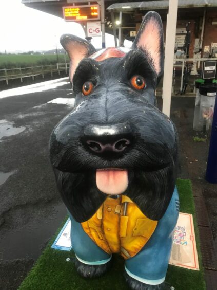 Steph Brown helped carry the 'Flying Scottie' by Graham Farquhar over the railway bridge to the platform at Leuchars railway station.