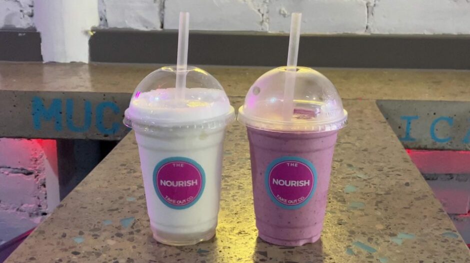 A clear whey slushie and a smoothie inside The Nourish Takeout Co
