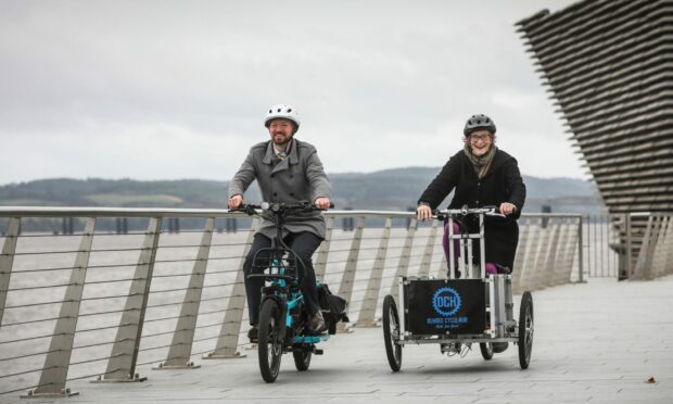 Councillor Steven Rome and Chair of the Dundee Cycling Forum, Valentine Scarlett, at the launch of the council's new sustainable transport plan. Image: Mhairi Edwards/DC Thomson