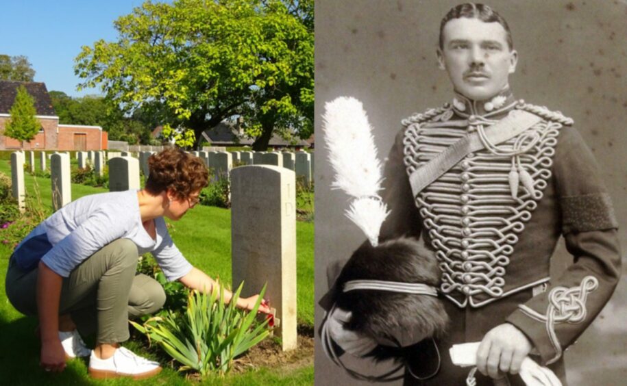 Marijke Vandevyvere at the grave of Perthshire First World War soldier Major James Mitchell, in Flanders. 