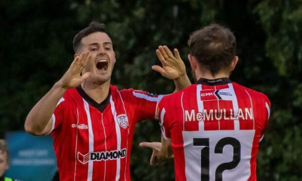 Danny Mullen celebrates with ex-Dundee FC team-mate Paul McMullan for Derry City. Image: Shutterstock