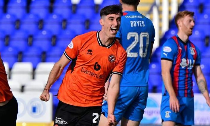 Dundee United's Chris Mochrie wheels away in celebration in Inverness