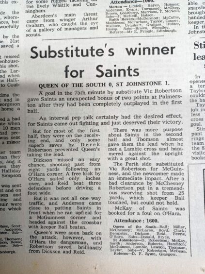 The Courier report of Vic Robertson's match-winning performance against Queen of the South. 