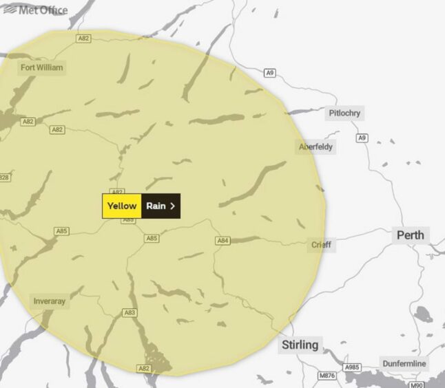 The yellow Met Office weather warning covers western and northern parts of Perthshire