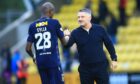 Dundee boss Tony Docherty with Mo Sylla. Image: David Young/Shutterstock