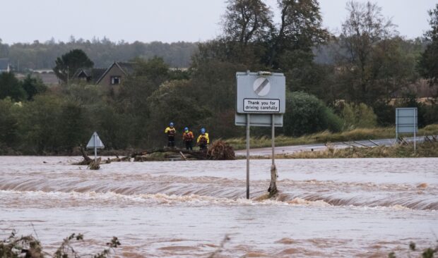 The search for the missing man who became trapped in his car near Marykirk on Friday during Storm Babet is ongoing. Image: Paul Reid