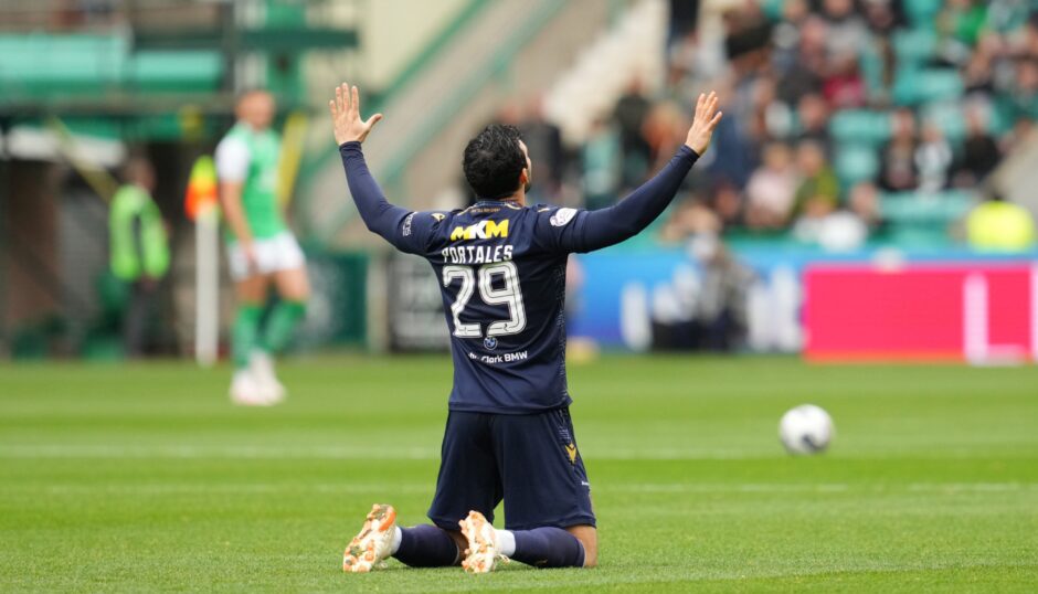 Dundee's Antonio Portales takes a moment before kick-off at Hibs. Image: SNS