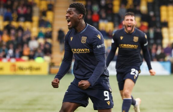 Amadou Bakayoko celebrates after scoring at Livingston, only for his goal to be ruled out. Image: SNS