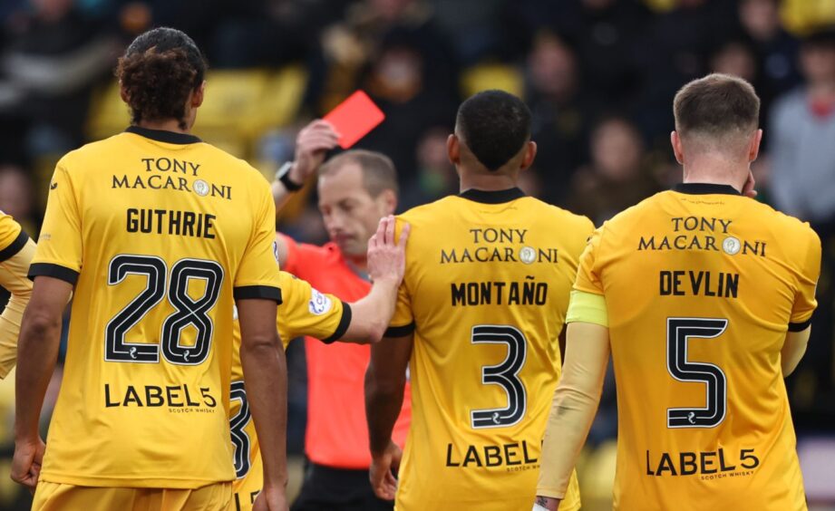 Willie Collum sends off Cristian Montano after a VAR intervention. Image: SNS