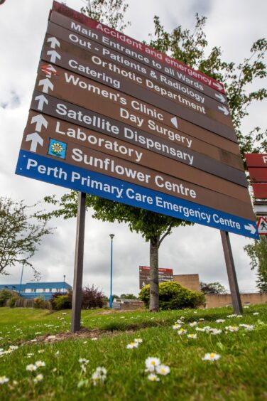 Perth Royal Infirmary entrance signs, including Perth primary care emergency centre