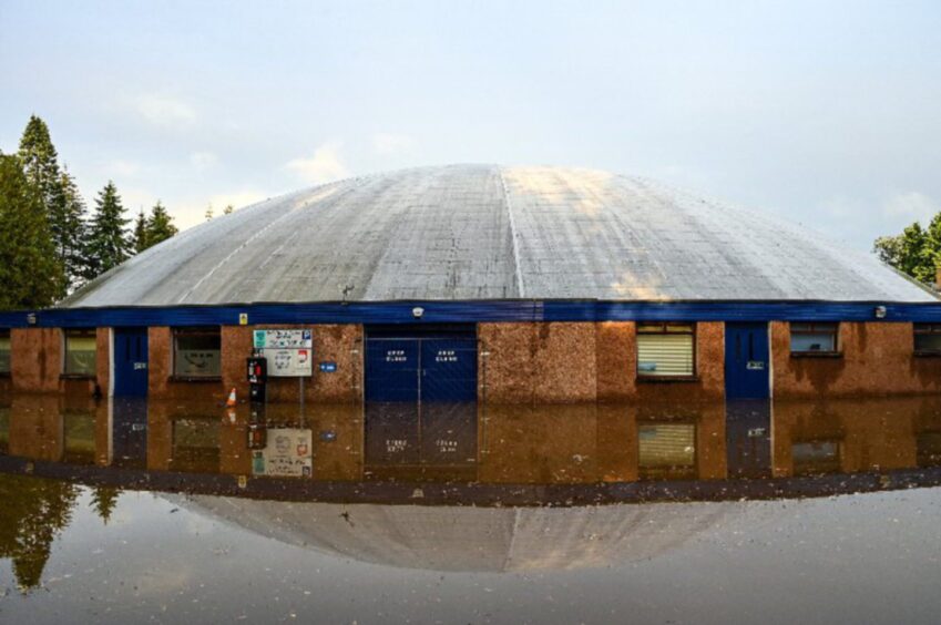 Bell's Sports Centre surrounded by deep floodwater