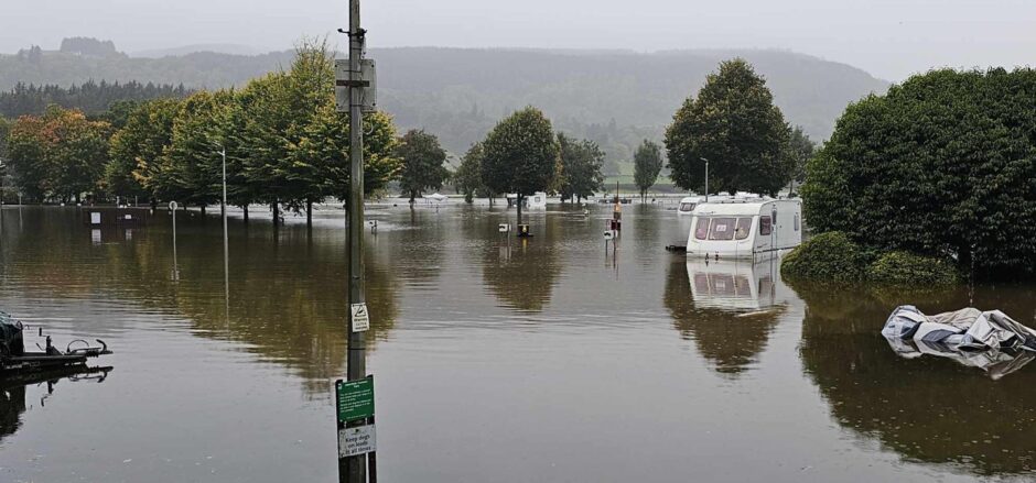Submerged caravans at Aberfeldy following flooding