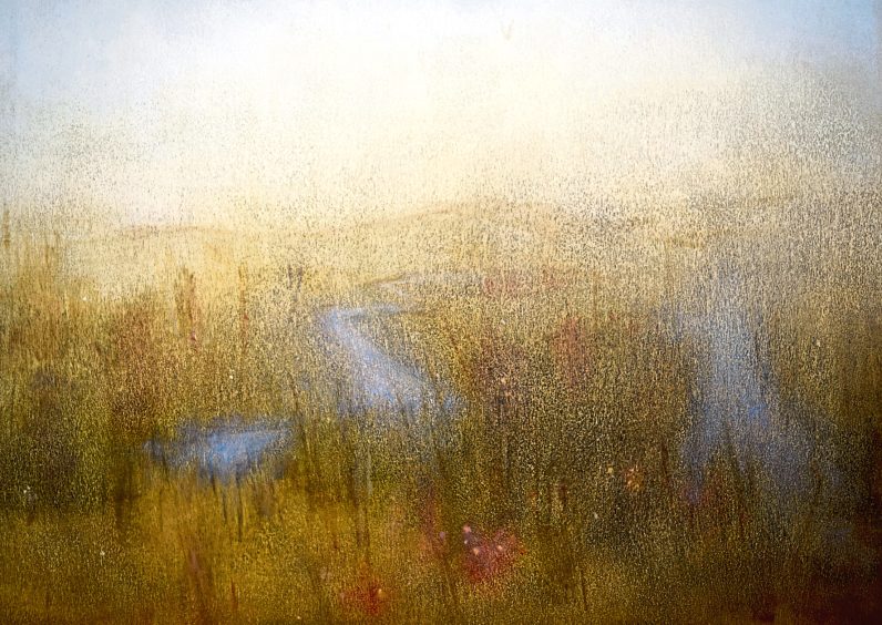 Image shows a detail of the Robert Macmillan painting Towards Autumn. Oil on board.