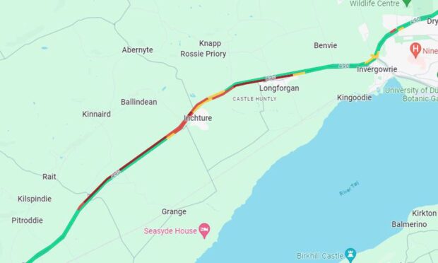 Google traffic data showing delays on the A90 at Inchture. Image: Google Maps