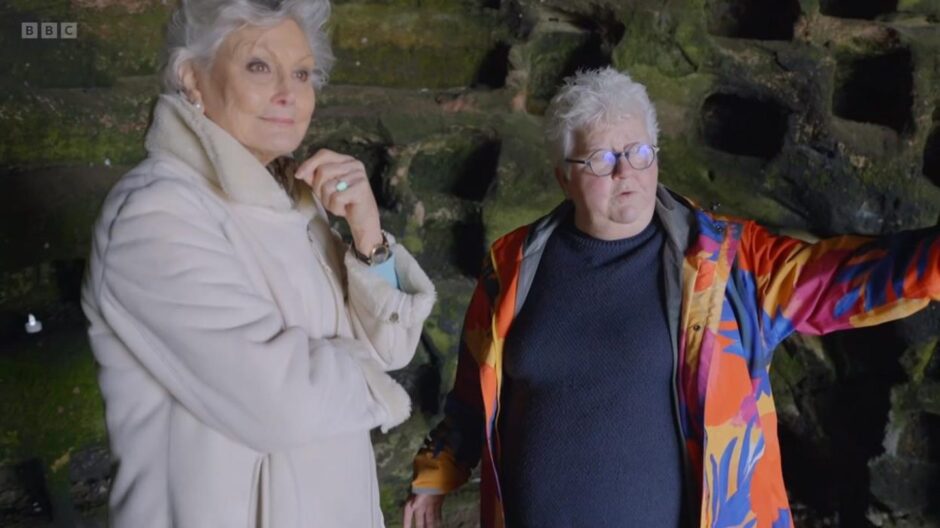 Val McDermid with Angela Rippon in Fife cave on The One SHow 