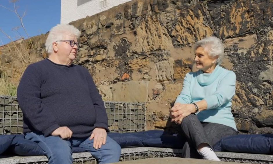 Val McDermid with Angela Rippon in Fife on The One Show.