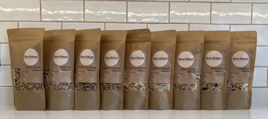 One of the many Fife health food options are these Bare Baked granola bags available from Leven. This image shows 9 of the brown bags filled with granola. 