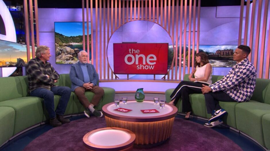 Brian Cox on The One Show sofa alongside Martin Clunes and hosts Alex Jones and Jermaine Jenas