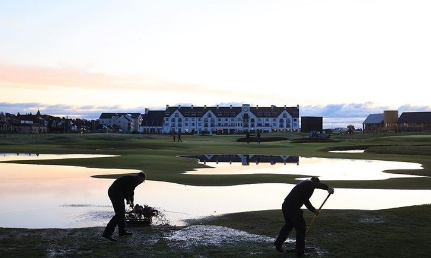 Greenkeepers at work at Carnoustie as dawn broke on Monday. Image: Dunhill Links Championship