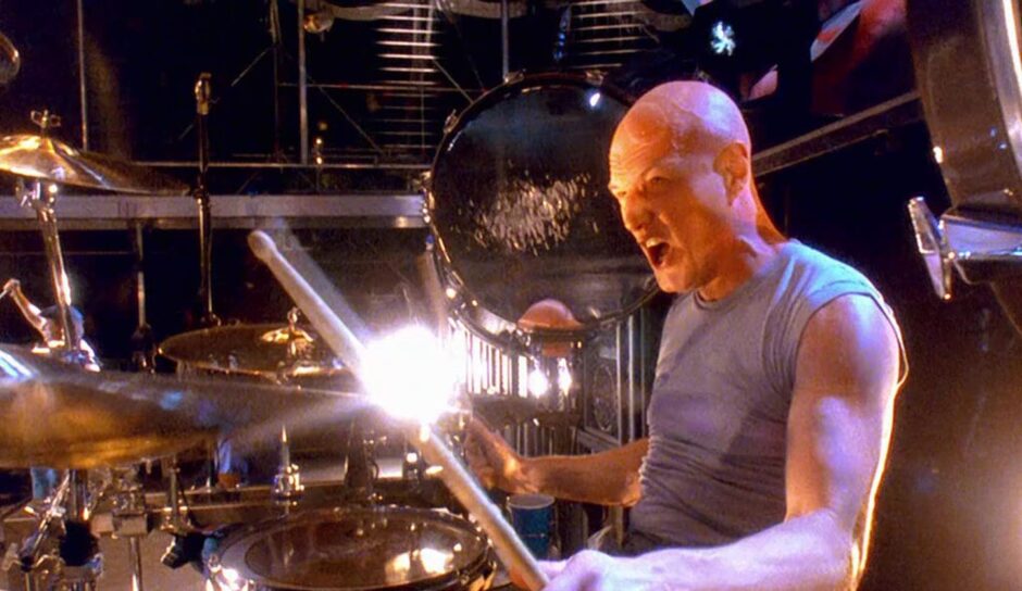 Chris Slade keeps the beat during the making of the video for AC/DC's huge 1990 hit Thunderstruck.