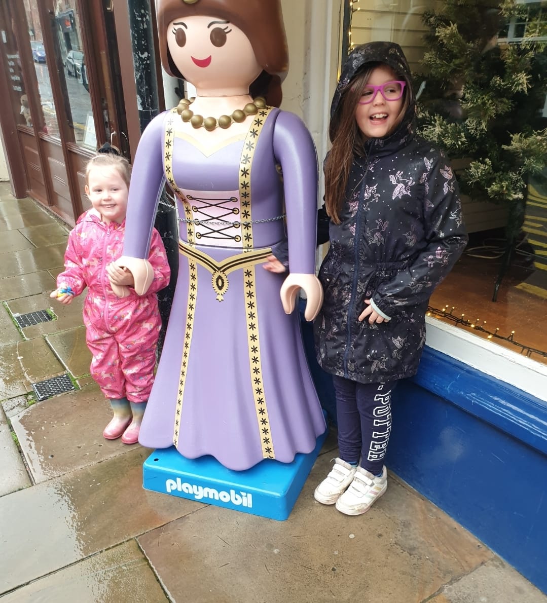 Danielle Cruickshank's children Kayla and Scarlet with Princess Poppy outside Fun Junction Toy Shop on Old High Street, Perth