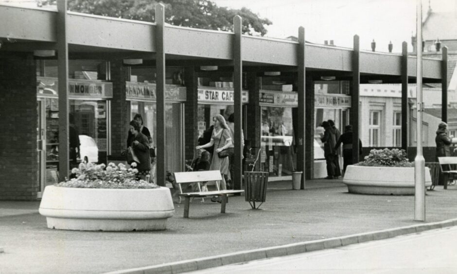 Some of the shops in the new shopping precinct at Monifieth in 1975. Image: DC Thomson.