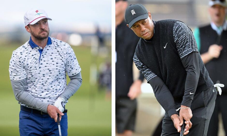 A split image of Justin Timberlake and Tiger Woods.
