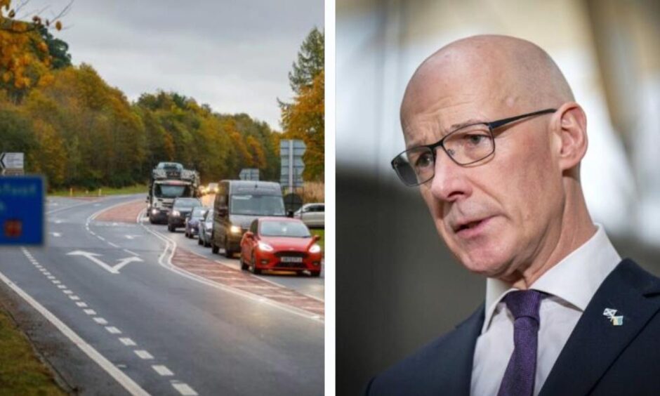 John Swinney next to a photo of traffic queues at Dunkeld