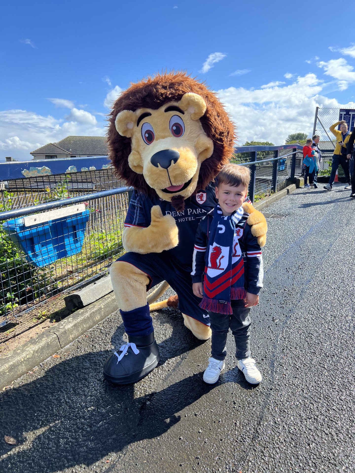 Harris Brown, 4, with the Raith Rovers mascot.
