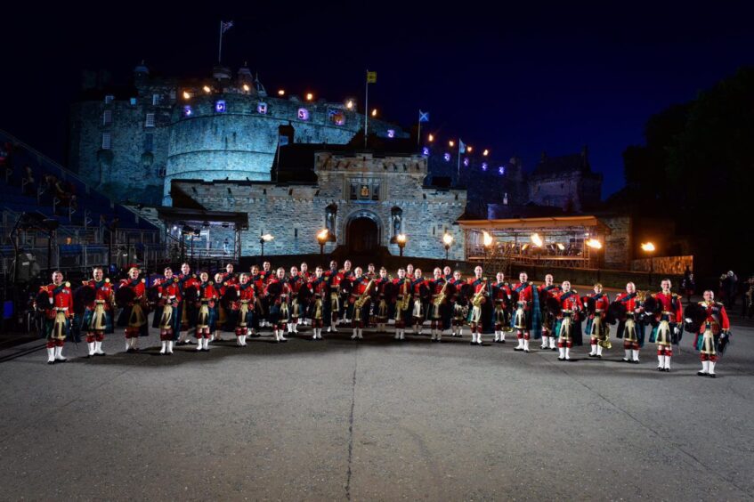 The Band of the Royal Regiment of Scotland on the esplanade in front of Edinburgh Castle.
