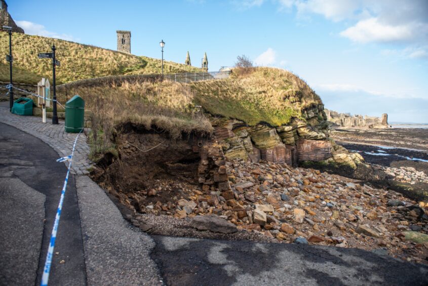 Part of the cliff and path leading to St Andrews Cathedral are damaged.