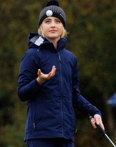Dunhill Cup celebrities - Kathryn Newton reacts to missing a putt on the 8th hole at Carnoustie. 