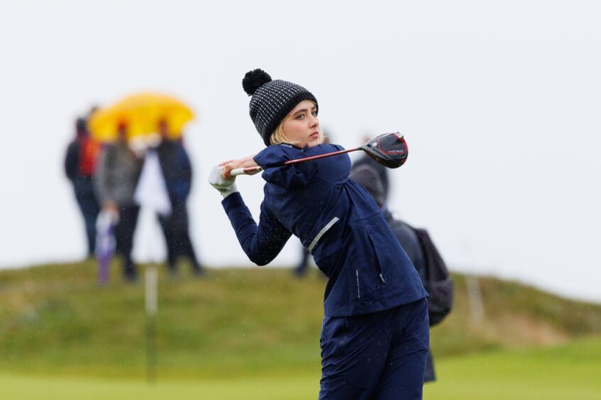 Dunhill Cup celebrities Kathryn Newton gets into the swing of things at the fourth tee.