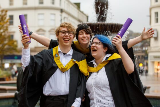 Left to right is Toby sparrow, Dylan Hunter Sparrow McMenemie and Torrent Wallace-Stewart who all graduated in Acting and performance HNC. Image: Kenny Smith/DC Thomson