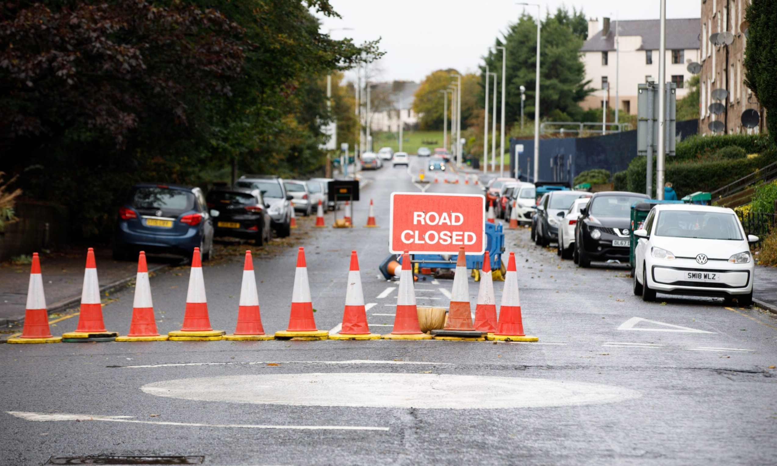 A closure on Dens Road on Saturday due to a collapsed water main. Image: Image: Kenny Smith/DC Thomson